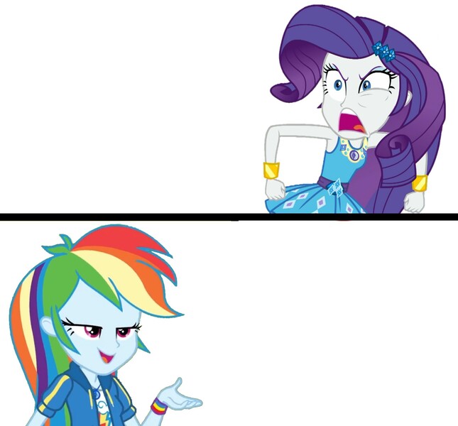 Size: 2289x2128 | Tagged: safe, derpibooru import, rainbow dash, rarity, equestria girls, equestria girls series, holidays unwrapped, rollercoaster of friendship, spoiler:eqg series (season 2), angry, bedroom eyes, geode of shielding, geode of super speed, image, jpeg, lidded eyes, magical geodes, meme, meme template, rage, rarirage, rarity anger at rainbow dash meme