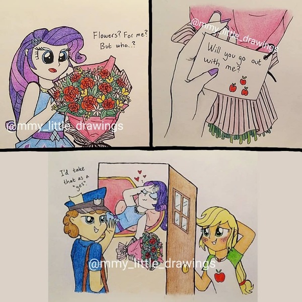 Size: 1080x1080 | Tagged: safe, artist:mmy_little_drawings, derpibooru import, applejack, rarity, equestria girls, blushing, bouquet, clothes, comic, dialogue, eyelashes, fainting couch, female, flower, freckles, grin, hat, heart, image, jpeg, lesbian, mailmare, male, open mouth, rarijack, shipping, smiling, solo, traditional art, watermark