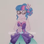 Size: 1080x1080 | Tagged: safe, artist:mmy_little_drawings, derpibooru import, sci-twi, twilight sparkle, equestria girls, blushing, clothes, cup, cutie mark, cutie mark on clothes, dress, eyelashes, female, glasses, grin, image, jpeg, obtrusive watermark, smiling, solo, traditional art, watermark