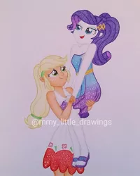 Size: 1079x1349 | Tagged: safe, artist:mmy_little_drawings, derpibooru import, applejack, rarity, equestria girls, clothes, dress, eyelashes, feet, female, freckles, image, jpeg, lesbian, looking up, obtrusive watermark, rarijack, sandals, shipping, smiling, traditional art, watermark