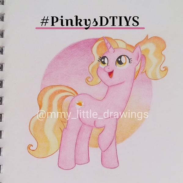 Size: 945x946 | Tagged: safe, artist:mmy_little_drawings, derpibooru import, luster dawn, pony, unicorn, :d, eyelashes, female, horn, image, jpeg, looking back, mare, obtrusive watermark, open mouth, raised hoof, smiling, solo, traditional art, watermark