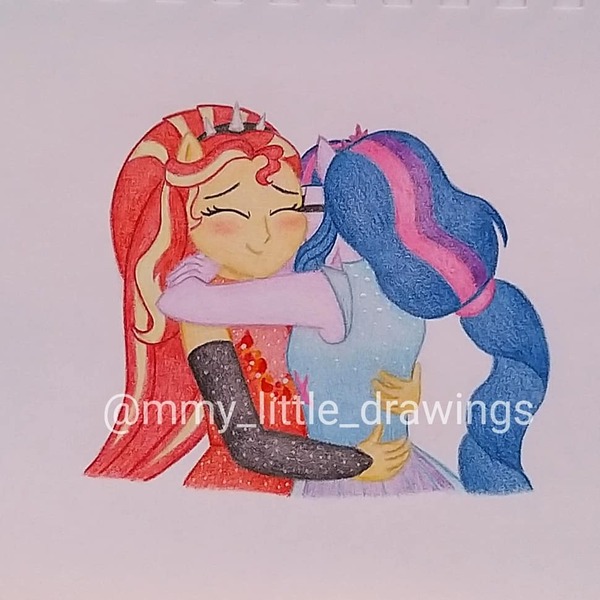 Size: 970x970 | Tagged: safe, artist:mmy_little_drawings, derpibooru import, sci-twi, sunset shimmer, twilight sparkle, equestria girls, blushing, bust, clothes, eyelashes, eyes closed, female, hug, image, jpeg, lesbian, obtrusive watermark, ponied up, scitwishimmer, shipping, sunsetsparkle, traditional art, watermark