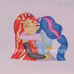 Size: 970x970 | Tagged: safe, artist:mmy_little_drawings, derpibooru import, sci-twi, sunset shimmer, twilight sparkle, equestria girls, blushing, bust, clothes, eyelashes, eyes closed, female, hug, image, jpeg, lesbian, obtrusive watermark, ponied up, scitwishimmer, shipping, sunsetsparkle, traditional art, watermark