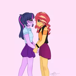 Size: 832x832 | Tagged: safe, artist:_denart, deleted from derpibooru, derpibooru import, sci-twi, sunset shimmer, twilight sparkle, equestria girls, bracelet, clothes, female, glasses, holding hands, image, jewelry, jpeg, lesbian, scitwishimmer, shipping, simple background, skirt, smiling, sunsetsparkle