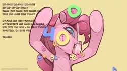 Size: 1920x1082 | Tagged: safe, artist:icychamber, derpibooru import, pinkie pie, earth pony, pony, against glass, glass, image, jpeg, looking at you, simple background, talking to viewer, tongue out, yellow background