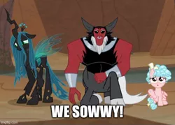 Size: 590x423 | Tagged: safe, derpibooru import, edit, edited screencap, screencap, cozy glow, lord tirek, queen chrysalis, centaur, changeling, changeling queen, pegasus, pony, frenemies (episode), a better ending for chrysalis, a better ending for cozy, a better ending for tirek, apologizing, bow, bracer, caption, cloven hooves, colored hooves, cozybetes, cropped, crown, curly mane, cute, cutealis, female, filly, foal, frown, hair bow, image, image macro, imgflip, jewelry, jpeg, male, mare, nose piercing, nose ring, piercing, regalia, sad, tail bow, text, tirebetes, trio