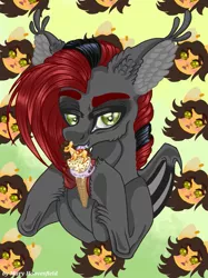 Size: 765x1024 | Tagged: safe, alternate version, artist:maryhoovesfield, derpibooru import, oc, ponified, unofficial characters only, bat pony, food pony, original species, pony, bat pony oc, bat wings, bust, colored, ear fluff, food, hoof hold, ice cream cone, image, jpeg, licking, signature, tongue out, wings