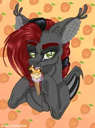 Size: 765x1024 | Tagged: safe, alternate version, artist:maryhoovesfield, derpibooru import, oc, ponified, unofficial characters only, bat pony, food pony, original species, pony, bat pony oc, bat wings, bust, colored, ear fluff, food, hoof hold, ice cream cone, image, jpeg, licking, signature, tongue out, wings