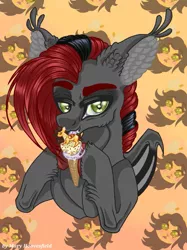 Size: 765x1024 | Tagged: safe, alternate version, artist:maryhoovesfield, derpibooru import, oc, ponified, unofficial characters only, bat pony, food pony, original species, pony, bat pony oc, bat wings, bust, colored, ear fluff, food, hoof hold, ice cream cone, image, jpeg, licking, signature, tongue out, wings