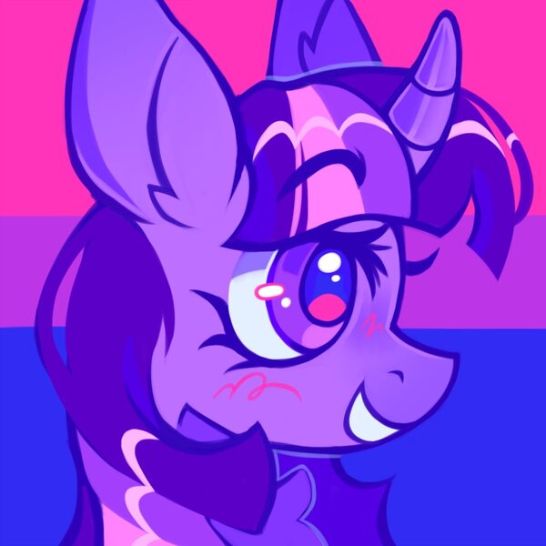 Size: 1000x1000 | Tagged: safe, artist:occultusion, derpibooru import, twilight sparkle, twilight sparkle (alicorn), alicorn, pony, derpibooru, twibooru, alternate hairstyle, bisexual pride flag, blushing, curved horn, female, grin, headcanon, horn, image, jpeg, juxtaposition, lgbt headcanon, mare, meta, mouthpiece, politics, pride, pride flag, sexuality headcanon, smiling, solo