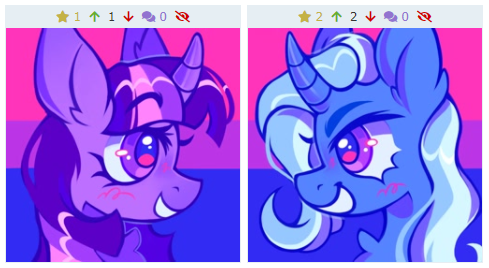 Size: 489x268 | Tagged: safe, artist:occultusion, derpibooru import, trixie, twilight sparkle, derpibooru, twibooru, bisexual pride flag, female, image, juxtaposition, lesbian, meta, png, pride, pride flag, shipping, twixie