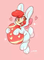 Size: 765x1024 | Tagged: safe, artist:colorfulcolor233, derpibooru import, apple bloom, earth pony, pony, adorabloom, animal costume, bunny costume, clothes, costume, cute, easter, easter bunny, easter egg, female, filly, heart, holiday, image, jpeg, kigurumi, open mouth, red background, simple background, solo