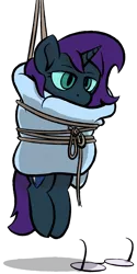 Size: 1000x2000 | Tagged: safe, artist:skookz, derpibooru import, oc, oc:nyx, unofficial characters only, alicorn, pony, alicorn oc, blanket, blanket burrito, bored, female, filly, glasses, glasses off, hanging, horn, image, png, rope, simple background, solo, tied up, transparent background, wings