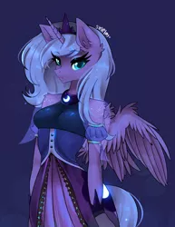 Size: 1581x2048 | Tagged: safe, artist:siripim111, derpibooru import, princess luna, alicorn, anthro, breasts, clothes, crown, ear fluff, image, jewelry, jpeg, regalia, solo, wing fluff