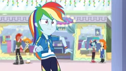 Size: 3410x1920 | Tagged: safe, derpibooru import, screencap, rainbow dash, scribble dee, equestria girls, equestria girls series, holidays unwrapped, spoiler:eqg series (season 2), clothes, cutie mark, cutie mark on clothes, dashing through the mall, female, geode of super speed, hoodie, image, jewelry, jpeg, magical geodes, male, necklace, solo focus