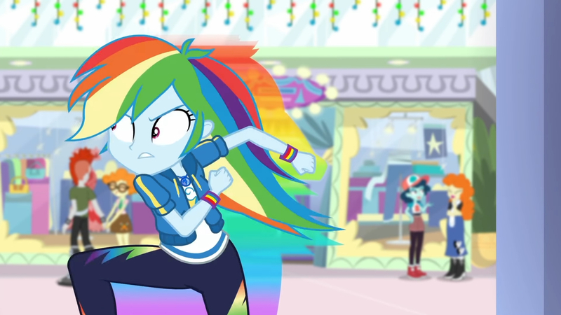 Size: 3410x1920 | Tagged: safe, derpibooru import, screencap, rainbow dash, scribble dee, equestria girls, equestria girls series, holidays unwrapped, spoiler:eqg series (season 2), clothes, cutie mark, cutie mark on clothes, dashing through the mall, female, geode of super speed, hoodie, image, jewelry, jpeg, magical geodes, male, necklace, rainbow trail, running, solo focus