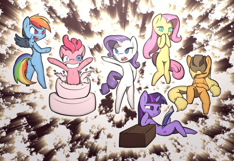 Size: 1280x883 | Tagged: safe, artist:afkregen, derpibooru import, applejack, fluttershy, pinkie pie, rainbow dash, rarity, twilight sparkle, anthro, earth pony, pegasus, semi-anthro, unguligrade anthro, unicorn, anatomically incorrect, ass, book, butt, cake, covering mouth, cowboy hat, cutie mark, digital art, eyes closed, female, food, group, hat, horn, image, incorrect leg anatomy, jpeg, looking at you, mane six, open mouth, rainbutt dash, reading, sleeping, spread wings, surprised, tail, teeth, thighs, unicorn twilight, wings