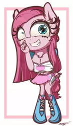 Size: 790x1350 | Tagged: safe, artist:phoenixrk49, derpibooru import, pinkie pie, anthro, abstract background, ace attorney, breasts, chest fluff, clothes, image, jpeg, knife, looking at you, phoenix wright, simple background, tongue out
