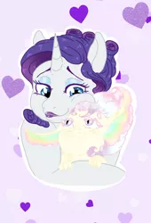 Size: 2096x3088 | Tagged: safe, artist:miyathegoldenflower, derpibooru import, rarity, oc, oc:angel aurora quarz, dracony, hybrid, pony, unicorn, alternate hairstyle, duo, female, heart, hug, image, interspecies offspring, mother and child, mother and daughter, offspring, parent:rarity, parent:spike, parents:sparity, png, purple background, simple background