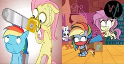 Size: 720x373 | Tagged: grimdark, artist:hotdiggedydemon, derpibooru import, edit, edited screencap, screencap, angel bunny, fluttershy, rainbow dash, .mov, shed.mov, my little pony: pony life, unboxing day, spoiler:pony life s01e18, chainsaw, cloth gag, fake screenshot, gag, hoof hold, image, jpeg, messy mane, saw, tied up