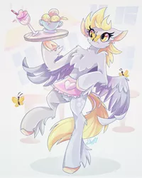 Size: 2000x2500 | Tagged: safe, artist:alexbluebird, derpibooru import, derpy hooves, butterfly, insect, pegasus, semi-anthro, apron, butterfly on nose, cheek fluff, chest fluff, clothes, fetlock tuft, fluffy, food, ice cream, image, insect on nose, jpeg, solo, startled, waitress