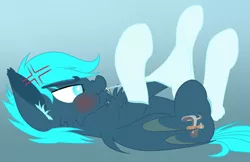 Size: 2728x1770 | Tagged: safe, artist:justapone, derpibooru import, oc, oc:guttatus, bat pony, pony, angry, bat pony oc, bat wings, biting, clothes, colored, colored lineart, ear fluff, frown, image, lineart, lying down, mouth hold, on back, png, pulling, pulling clothes, scrunchy face, simple background, socks, solo, teeth, unshorn fetlocks, wings
