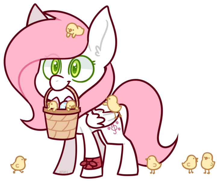 Size: 2091x1734 | Tagged: safe, alternate version, artist:jetjetj, derpibooru import, part of a set, oc, oc:sugar morning, pegasus, pony, basket, chibi, chick, commission, easter egg, female, image, mare, mouth hold, png, simple background, solo, transparent background, ych result