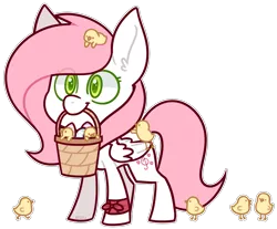 Size: 2091x1734 | Tagged: safe, alternate version, artist:jetjetj, derpibooru import, part of a set, oc, oc:sugar morning, pegasus, pony, basket, chibi, chick, commission, easter egg, female, image, mare, mouth hold, png, simple background, solo, transparent background, ych result