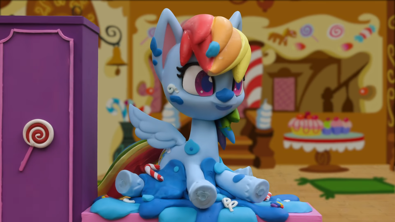 Size: 1920x1080 | Tagged: safe, derpibooru import, screencap, rainbow dash, pony, cake off, my little pony: stop motion short, cake, food, image, png, solo, stop motion