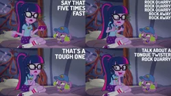 Size: 1280x720 | Tagged: safe, derpibooru import, edit, edited screencap, editor:quoterific, screencap, sci-twi, spike, spike the regular dog, twilight sparkle, dog, equestria girls, legend of everfree, legend of everfree - bloopers, camp everfree outfits, glasses, hat, image, jpeg, mobile phone, open mouth, phone, ponytail, smartphone, smiling