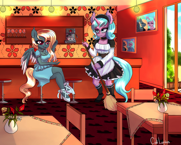 Size: 3445x2760 | Tagged: safe, artist:cali luminos, derpibooru import, oc, unofficial characters only, anthro, pegasus, unguligrade anthro, unicorn, apron, bar, broom, chair, choker, clothes, commission, cute, dress, ear piercing, earring, flower, friends, frilly dress, garters, image, indoors, jewelry, jpeg, maid, maid headdress, necklace, pearl necklace, piercing, sitting, socks, stool, sweeping, table