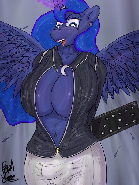 Size: 2101x2777 | Tagged: suggestive, artist:fetishsketches, derpibooru import, princess luna, alicorn, anthro, abs, absolute cleavage, arm behind back, belly button, bellyring, big breasts, breasts, busty princess luna, cleavage, clothes, crotch bulge, ear piercing, earring, futa, futa princess luna, horn, horn ring, huge breasts, image, imminent spanking, intersex, jewelry, open clothes, open mouth, open shirt, paddle, piercing, png, ring, solo