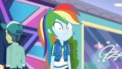 Size: 3410x1920 | Tagged: safe, derpibooru import, screencap, rainbow dash, equestria girls, equestria girls series, holidays unwrapped, spoiler:eqg series (season 2), clothes, cutie mark, cutie mark on clothes, dashing through the mall, faic, female, geode of super speed, hoodie, image, jewelry, jpeg, magical geodes, male, necklace, rainbow dash is best facemaker, solo focus, wide eyes