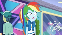 Size: 3410x1920 | Tagged: safe, derpibooru import, screencap, rainbow dash, equestria girls, equestria girls series, holidays unwrapped, spoiler:eqg series (season 2), clothes, cutie mark, cutie mark on clothes, dashing through the mall, faic, female, geode of super speed, hoodie, image, jewelry, jpeg, magical geodes, male, necklace, open mouth, rainbow dash is best facemaker, solo focus, wide eyes