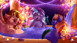 Size: 3840x2160 | Tagged: safe, artist:sugaryviolet, derpibooru import, oc, oc:brightmind, oc:saros nebula, oc:star bright, unofficial characters only, alicorn, pony, unicorn, alicorn oc, bathing, beverage, cup, female, food, giantess, grapes, high res, horn, image, macro, magic, open mouth, png, space, telekinesis, water, wings