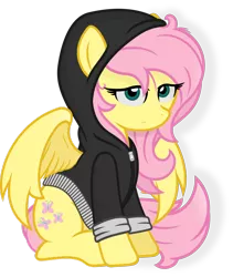 Size: 822x972 | Tagged: safe, artist:godoffury, derpibooru import, fluttershy, pegasus, pony, clothes, female, hoodie, image, looking at you, mare, png, simple background, solo, spread wings, transparent background, wings