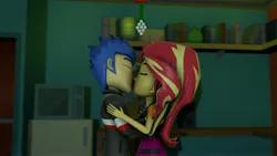 Size: 3840x2160 | Tagged: safe, artist:fazbearsparkle, derpibooru import, flash sentry, sunset shimmer, equestria girls, 3d, female, flashimmer, image, jpeg, kissing, male, mistletoe, shipping, source filmmaker, straight