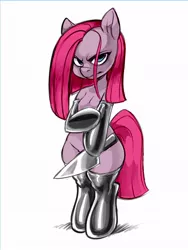Size: 768x1024 | Tagged: suggestive, artist:noupie, color edit, derpibooru import, edit, editor:datzigga, pinkie pie, earth pony, semi-anthro, bipedal, boots, clothes, colored, gloves, image, jpeg, knife, latex, latex gloves, latex socks, long gloves, pinkamena diane pie, shoes, simple background, socks, strategically covered, white background