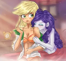 Size: 2067x1920 | Tagged: suggestive, artist:tcn1205, derpibooru import, edit, applejack, rarity, equestria girls, bed, belly button, biting, blanket, blushing, bra, breasts, cleavage, clock, clothes, cropped, cute, duo, duo female, eyes closed, female, females only, image, jackabetes, jpeg, lesbian, messy hair, nudity, open mouth, panties, raribetes, rarijack, shipping, shirt, underwear, undressing