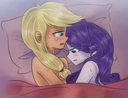 Size: 2501x1920 | Tagged: suggestive, artist:tcn1205, derpibooru import, edit, applejack, rarity, equestria girls, bed, blanket, blushing, cropped, duo, duo female, female, females only, image, implied fingering, jpeg, lesbian, nudity, open mouth, pillow, rarijack, shipping, sweat