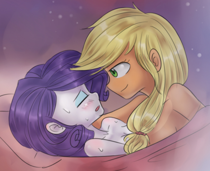 Size: 2356x1920 | Tagged: questionable, artist:tcn1205, derpibooru import, edit, applejack, rarity, equestria girls, bed, blanket, blushing, breasts, cropped, duo, duo female, eyes closed, female, females only, image, implied fingering, intimate, jpeg, lesbian, moaning, nudity, open mouth, passionate, pillow, rarijack, shipping, sideboob, smiling