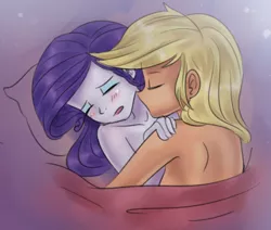 Size: 2266x1920 | Tagged: suggestive, artist:tcn1205, derpibooru import, edit, applejack, rarity, equestria girls, bare shoulders, bed, blanket, blushing, breasts, cropped, duo, duo female, eyes closed, female, females only, image, jpeg, kissing, lesbian, moaning, neck kiss, nudity, open mouth, pillow, rarijack, shipping