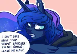 Size: 2048x1423 | Tagged: safe, artist:lrusu, derpibooru import, princess luna, alicorn, pony, braces, clothes, dialogue, ear piercing, earring, hoodie, image, jewelry, jpeg, looking at you, looking back, piercing, solo, younger