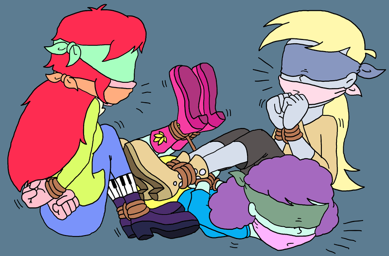 Size: 2531x1664 | Tagged: safe, artist:bugssonicx, derpibooru import, blueberry pie, derpy hooves, raspberry fluff, equestria girls, arm behind back, blindfold, bondage, bound and gagged, bound wrists, cloth gag, gag, hogtied, image, png, rope, rope bondage, the muffins, tied up