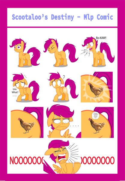 Size: 2509x3609 | Tagged: safe, derpibooru import, scootaloo, pegasus, pony, alternate cutie mark, big no, clucking, comic, crying, cutie mark, eyes closed, female, filly, floppy ears, image, jpeg, open mouth, question mark, scootachicken, sweat, sweatdrop