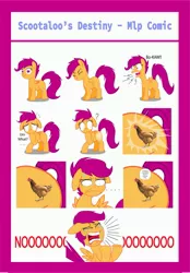 Size: 2509x3609 | Tagged: safe, derpibooru import, scootaloo, pegasus, pony, alternate cutie mark, big no, clucking, comic, crying, cutie mark, eyes closed, female, filly, floppy ears, image, jpeg, open mouth, question mark, scootachicken, sweat, sweatdrop