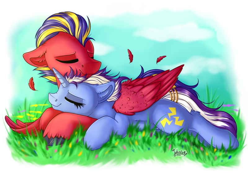 Size: 4093x2894 | Tagged: oc name needed, safe, artist:julunis14, derpibooru import, oc, unofficial characters only, pegasus, pony, unicorn, commission, cuddling, cute, digital art, eyes closed, feather, flower, hug, image, jewelry, meadow, png, ring, signature, spring, tail, tail ring, wholesome, winghug, wings