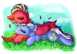 Size: 4093x2894 | Tagged: oc name needed, safe, artist:julunis14, derpibooru import, oc, unofficial characters only, pegasus, pony, unicorn, commission, cuddling, cute, digital art, eyes closed, feather, flower, hug, image, jewelry, meadow, png, ring, signature, spring, tail, tail ring, wholesome, winghug, wings