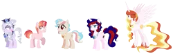 Size: 2087x654 | Tagged: safe, artist:gallantserver, derpibooru import, princess celestia, princess platinum, oc, oc:jovial ignimbrite, oc:morning sunrise, oc:vanilla blossom, alicorn, pony, unicorn, alternate hairstyle, female, image, magical lesbian spawn, male, mare, offspring, parent:princess celestia, parent:princess platinum, png, simple background, stallion, transparent background