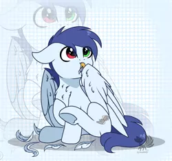 Size: 1600x1500 | Tagged: safe, artist:tresmariasarts, derpibooru import, oc, oc:slipstream, pegasus, grid, grooming, heterochromia, image, png, preening, zoom layer